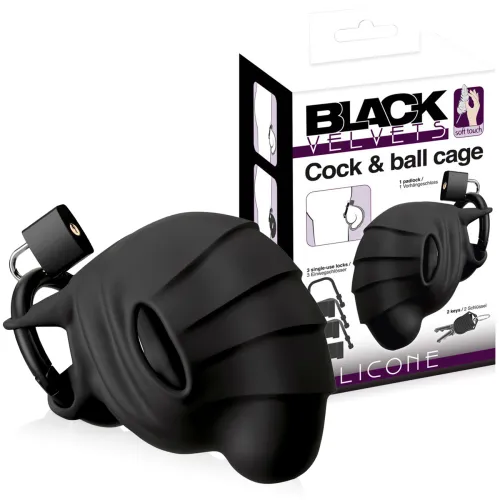 Cușcă pentru penis și testicule din silicon negru, centură de castitate BDSM - 70831811