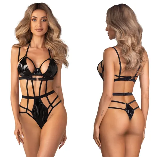 Obsessive Keira Lise body negru cu dungi lenjerie aspect umed - 79488815