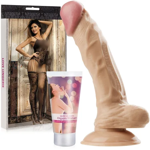 Set Pentru Femei: Dildo Realistic cu Ventuză, Gel de Stimulare a Orgasmului și Bodystocking - 70103174