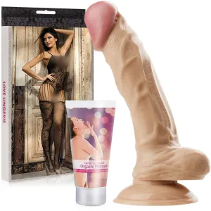 Set Pentru Femei: Dildo Realistic cu Ventuză, Gel de Stimulare a Orgasmului și Bodystocking - 70103174