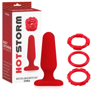 Set de dop anal roșu și 3 inele pentru erecție - 74632238