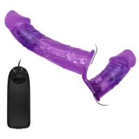 Dildo strap-on dublu, violet, cu vibrații, două penisuri 10 cm + 18 cm - 77970723 - 2