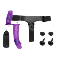 Dildo strap-on dublu, violet, cu vibrații, două penisuri 10 cm + 18 cm - 77970723 - 5