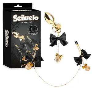 Set dop anal + clești pentru sfârcuri cu panglici negre - 77956562